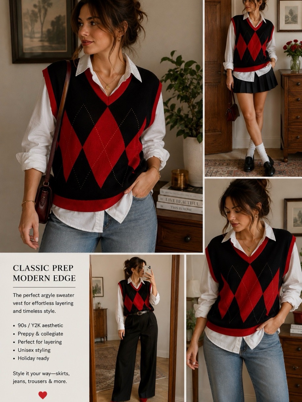 MOD 1960 Preppy Sailor Red & Black Argyle V-Neck Sweater Vest-Women/Mens-UNISEX